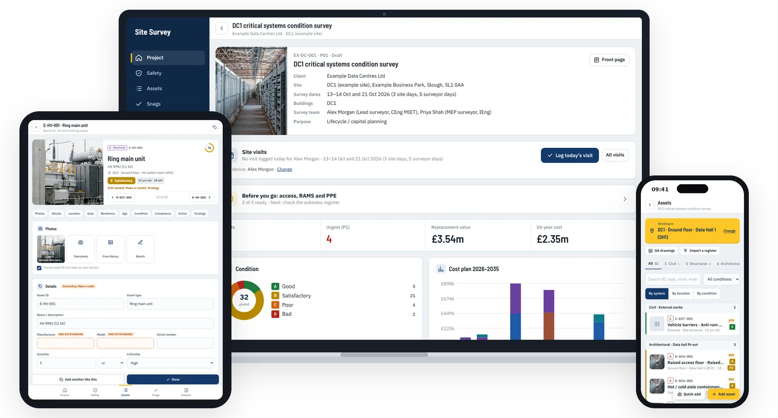 Site Survey and Asset Register on a laptop, tablet and phone